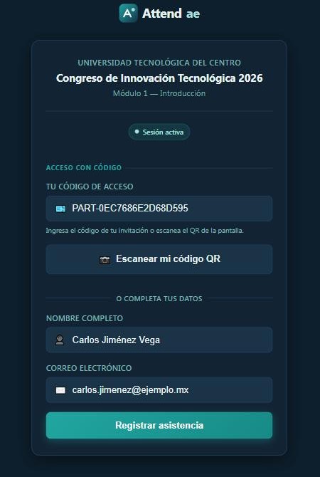 Check-in desde el celular del asistente, con código pre-llenado